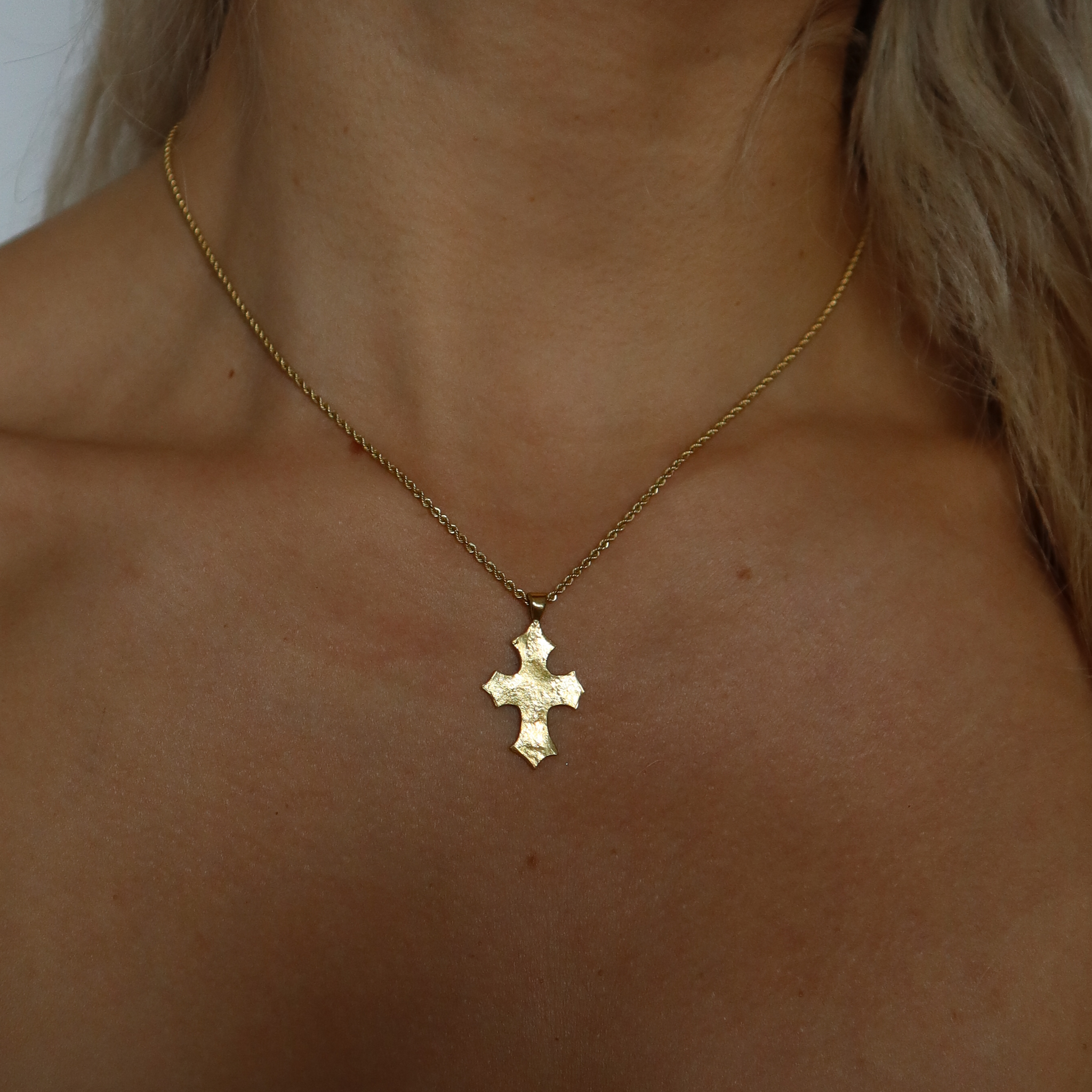 22k Gold Organic Gothic Cross Necklace worn