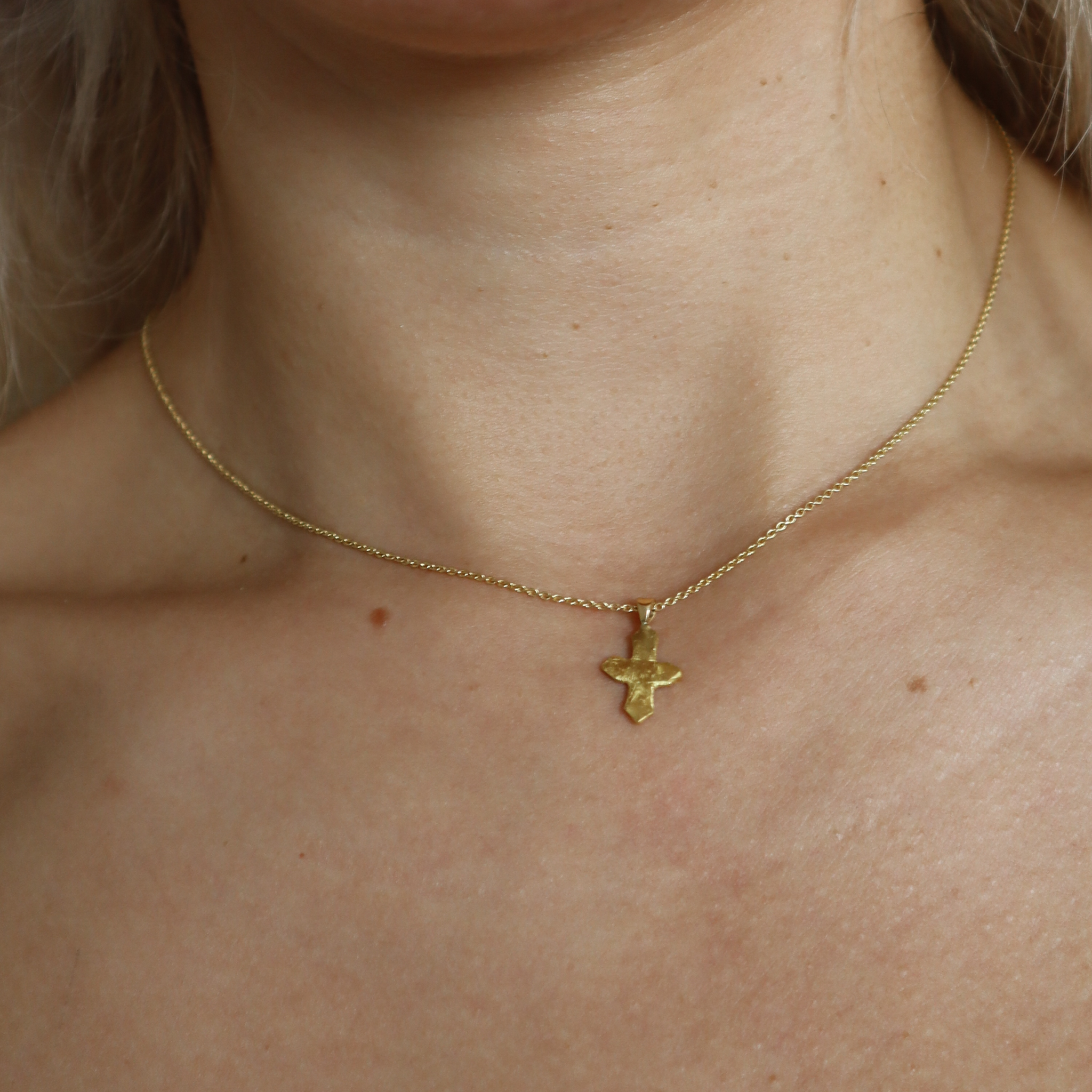 22k Gold Organic Small Cross Necklace worn