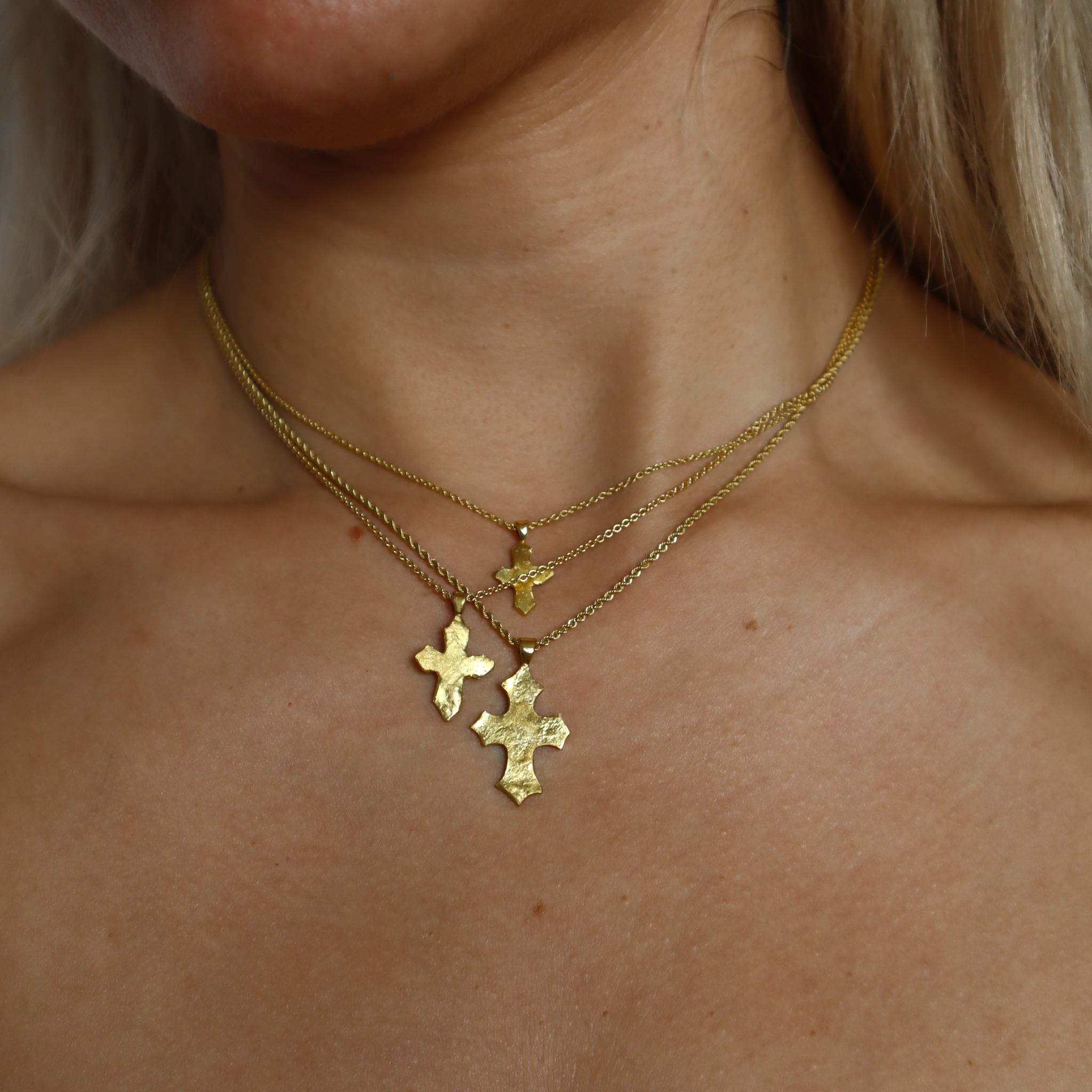 22k Gold Organic Small Cross Necklace layered