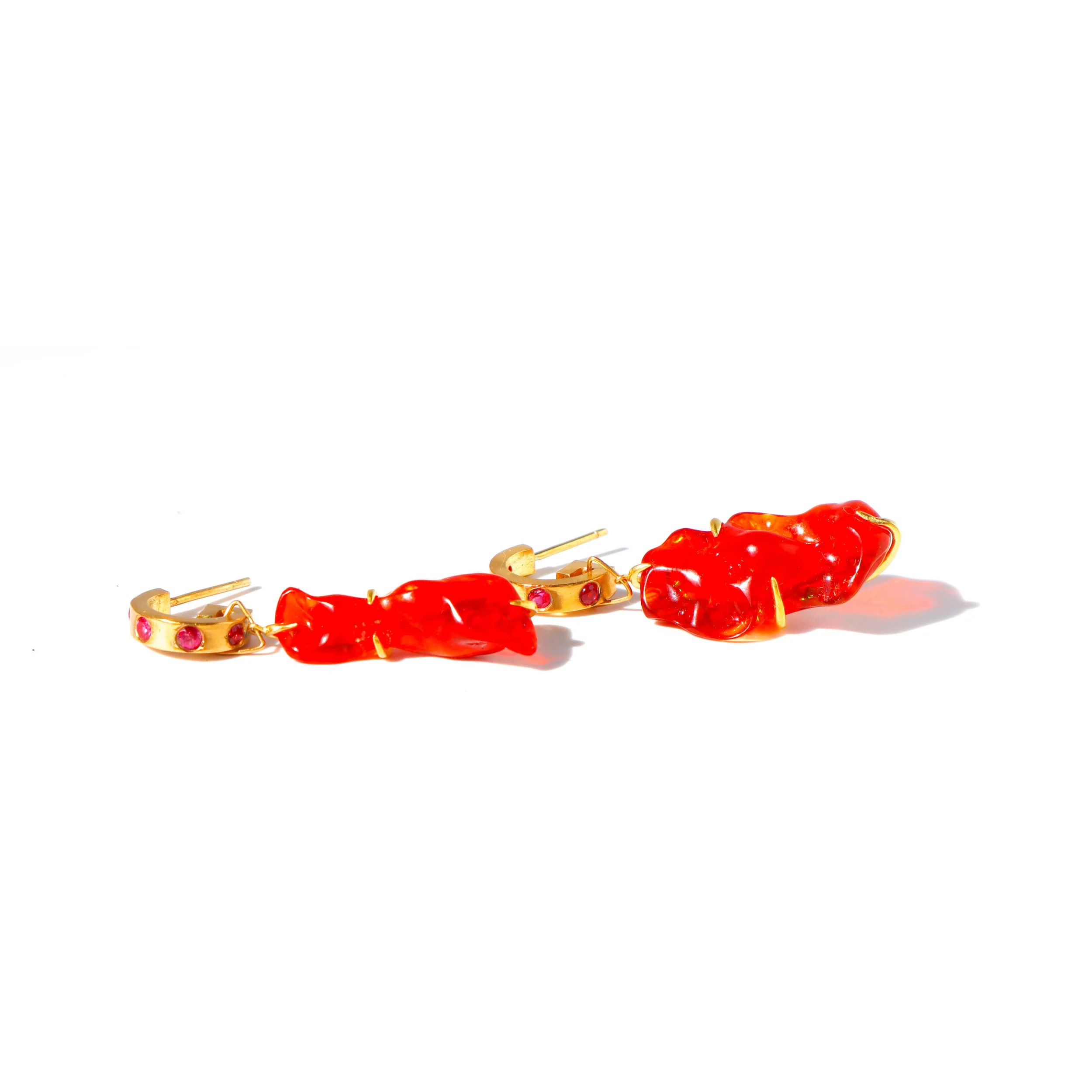 Mexican Fire Opal 22K Gold and Pink Spinel Huggies by Nelly Creative Studios