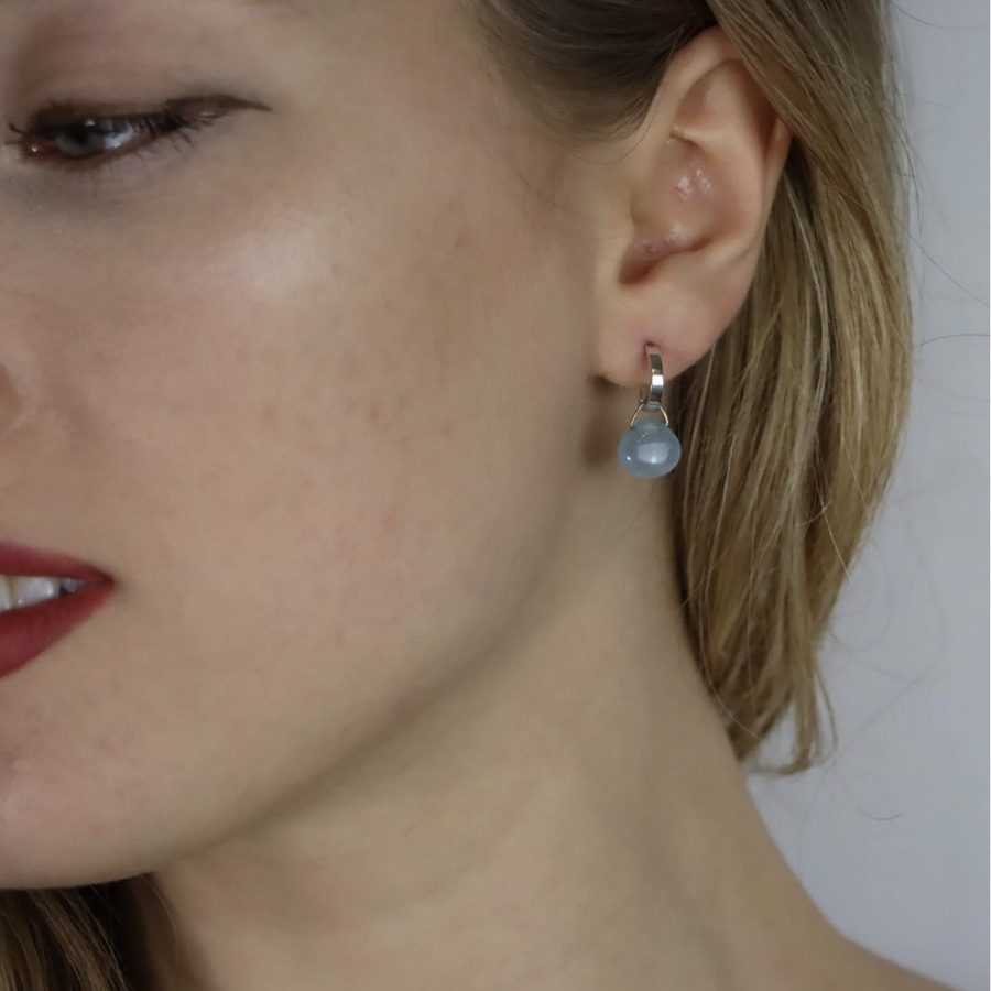 Aquamarine Silver Huggie Earrings with natural aquamarine in sterling silver by Nelly Creative Studios NYC