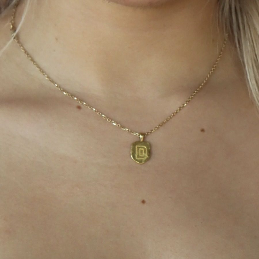 Gold Dartmouth D Necklace with Gold Granulation in 22 karat yellow gold handcrafted by Nelly Creative Studios NYC