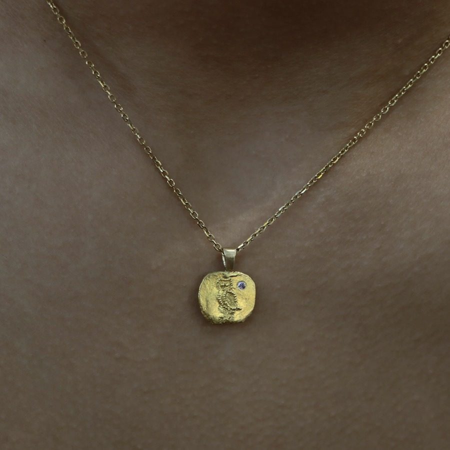 Gold Owl Necklace with Granulation and natural pink diamond in 22 karat yellow gold by Nelly Creative Studios