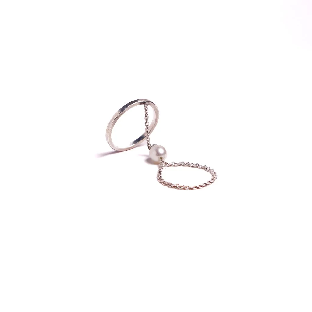 Tear Drop Pearl Chain Silver Chain Ring fine jewelry by Nelly Creative Studios NYC
